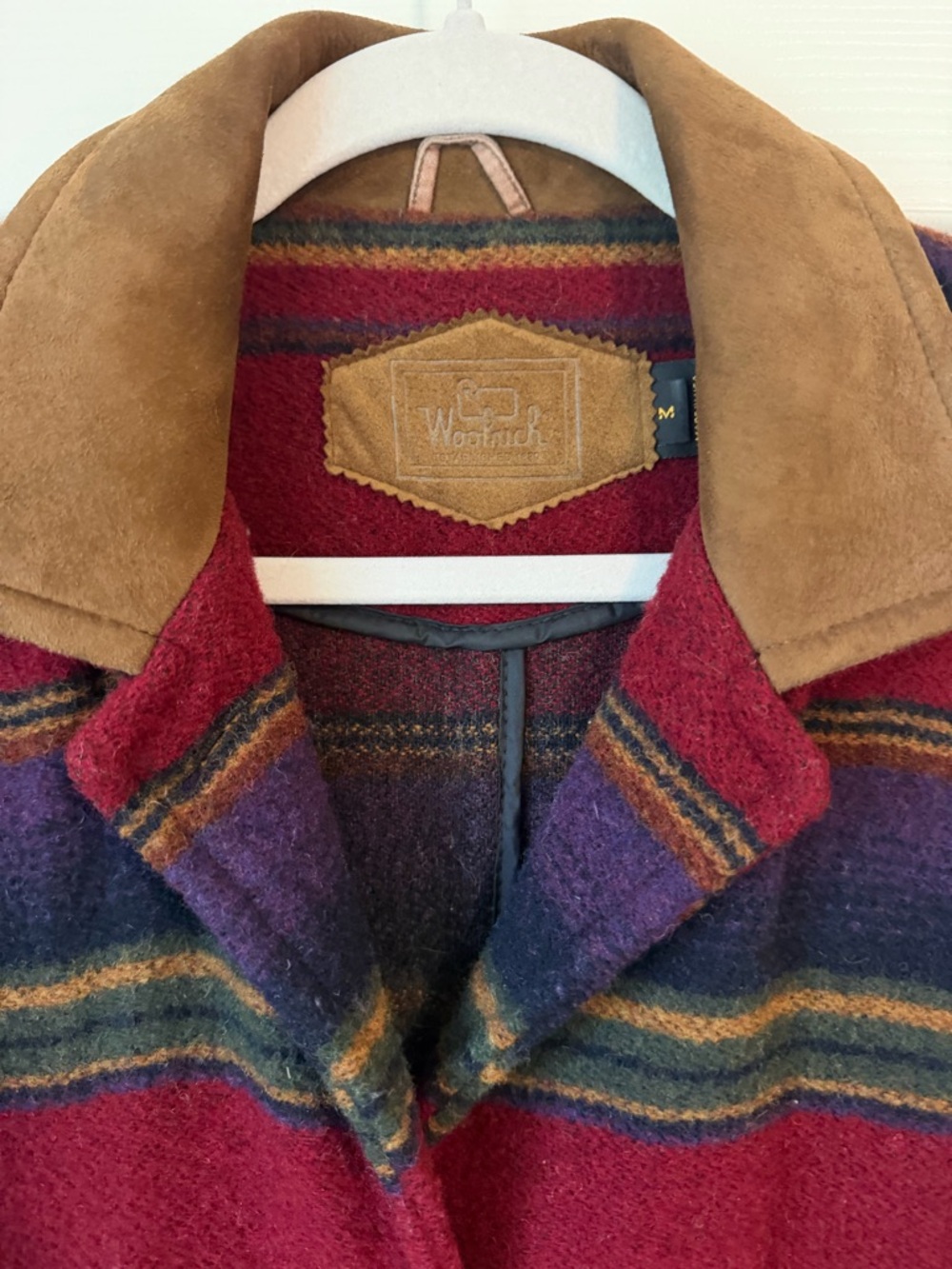 Woolrich Women's Red Multi-Stripe Wool Coat with Suede Collar Rare Vintage